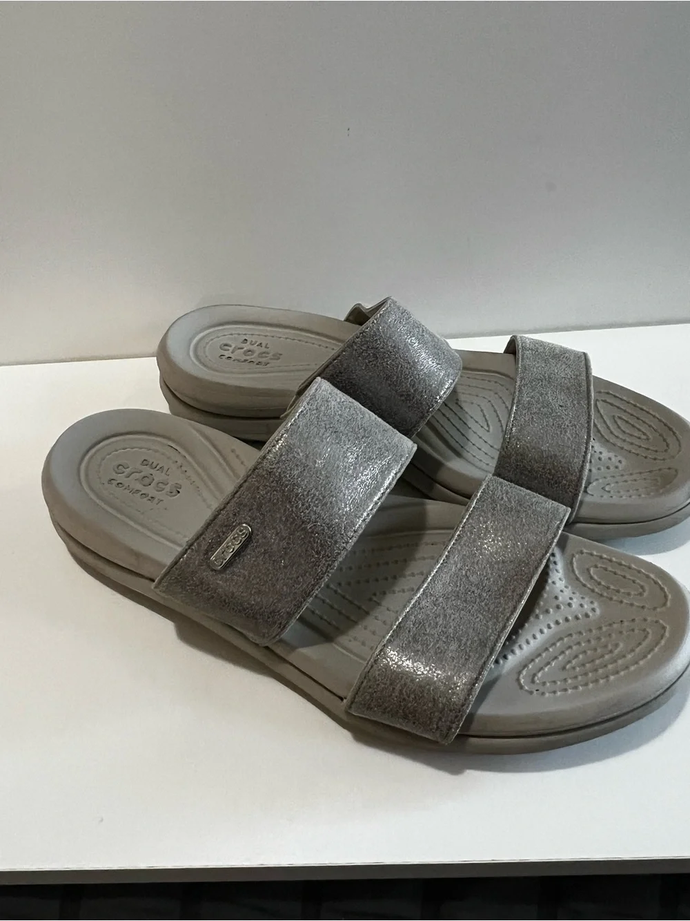 Crocs Dual Comfort Metallic Silver Gray Double Strap Slide Sandals